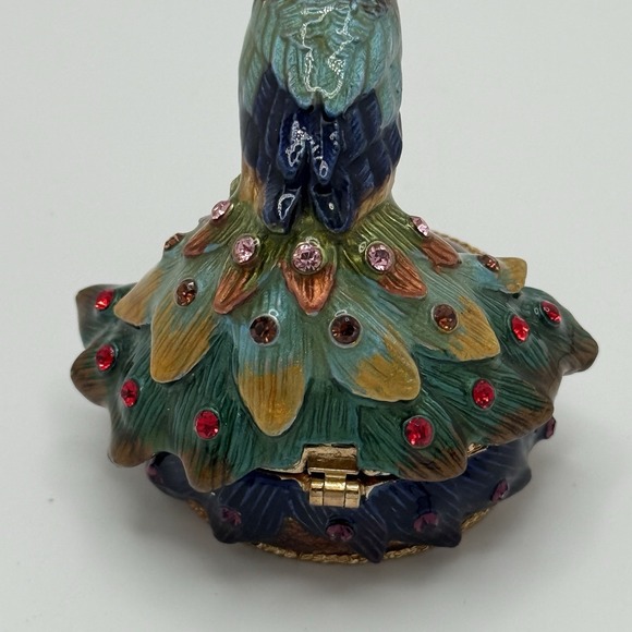 Vintage 1990s Peacock Bejeweled Enameled Petite Metal Trinket Or Pill Box - Picture 2 of 7